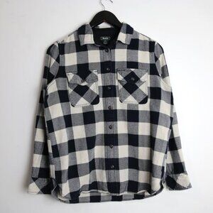 Roots Mens Plaid Elbow Patch Flannel Long Sleeve Shirt Size Small Cream Black